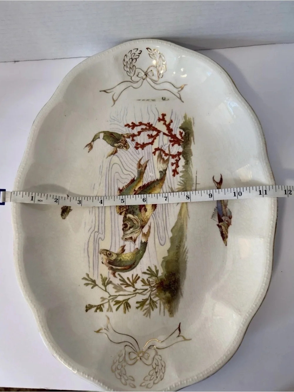 Antique Porcelain Fish Serving Platter Scalloped Gilt Transferware